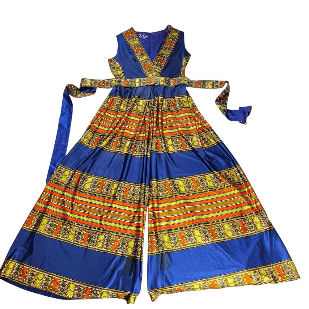Vintage Georgie Keyloun Jumpsuit Womens Medium Blue Stripe Palazzo Wide Leg 70s